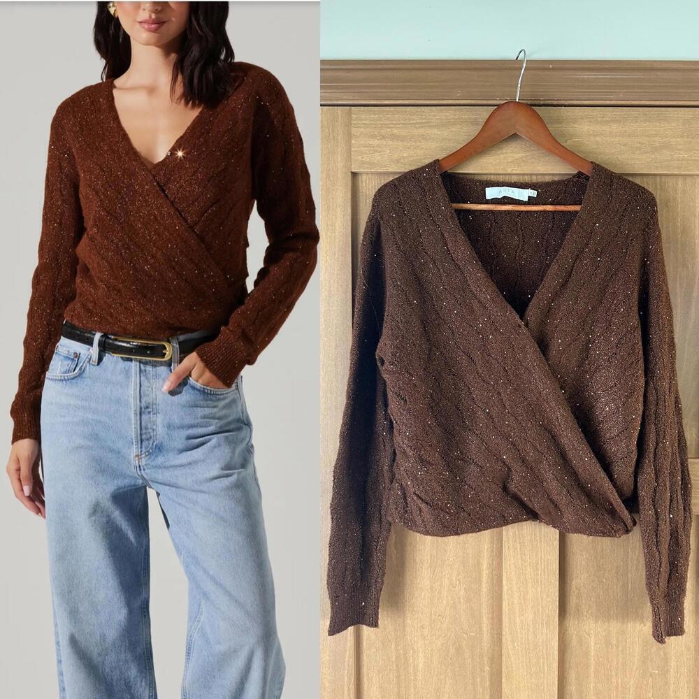 ASTR The Label Metallic Sequin Surplice Cable Stitch Sweater Copper Brown Medium